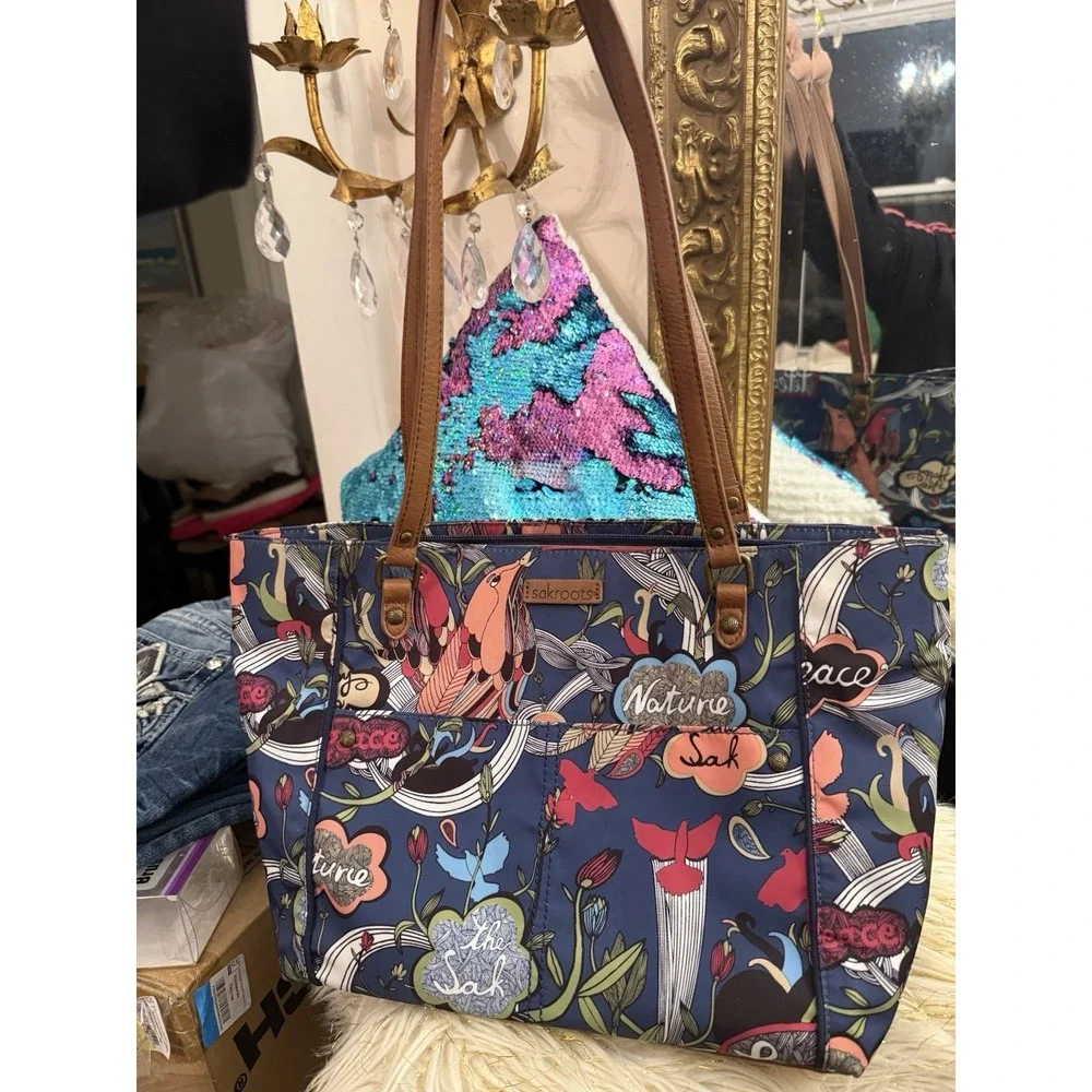 Sakroots Women's Peace Satchel Handbag Blue Multi Floral Birds And Makeup Bag